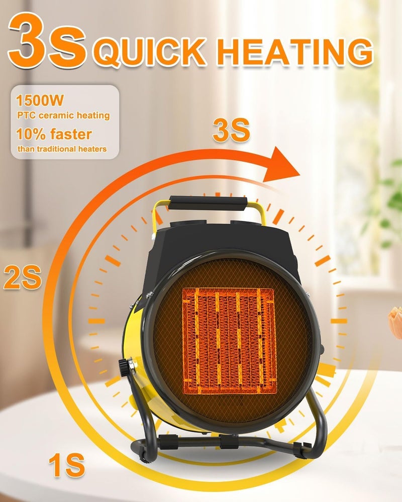 BUYPLUS Outdoor Heaters for Patio, 1500W Portable Garage Heater with Overheat Protection & 3S Fast Heating, Non-Slip Cushion, Electric Space Heater for Patio, Garage, Bedroom, Office, Yellow - Image 2